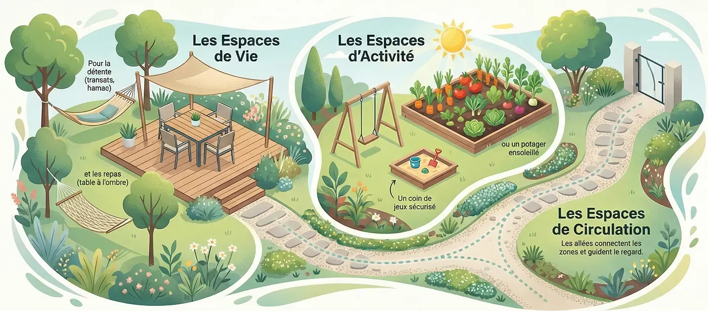 Illustration d'un jardin découpé en trois zones : espace de vie avec terrasse et hamac, espace d'activité avec potager et jeux, allées de circulation
