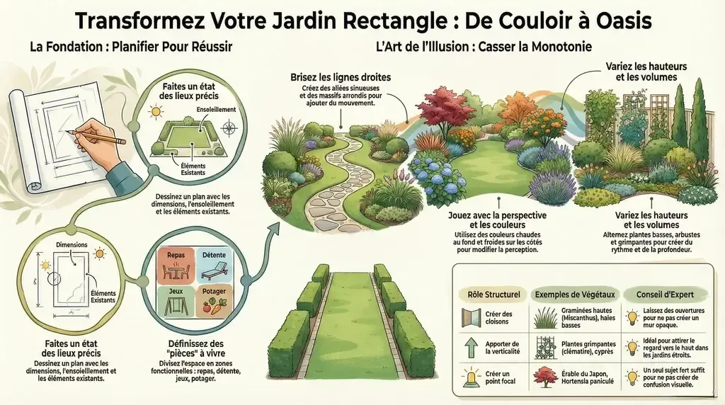 Infographie « Transformez votre jardin rectangle : de couloir à oasis », montrant l'étape du plan puis les techniques pour casser les lignes droites