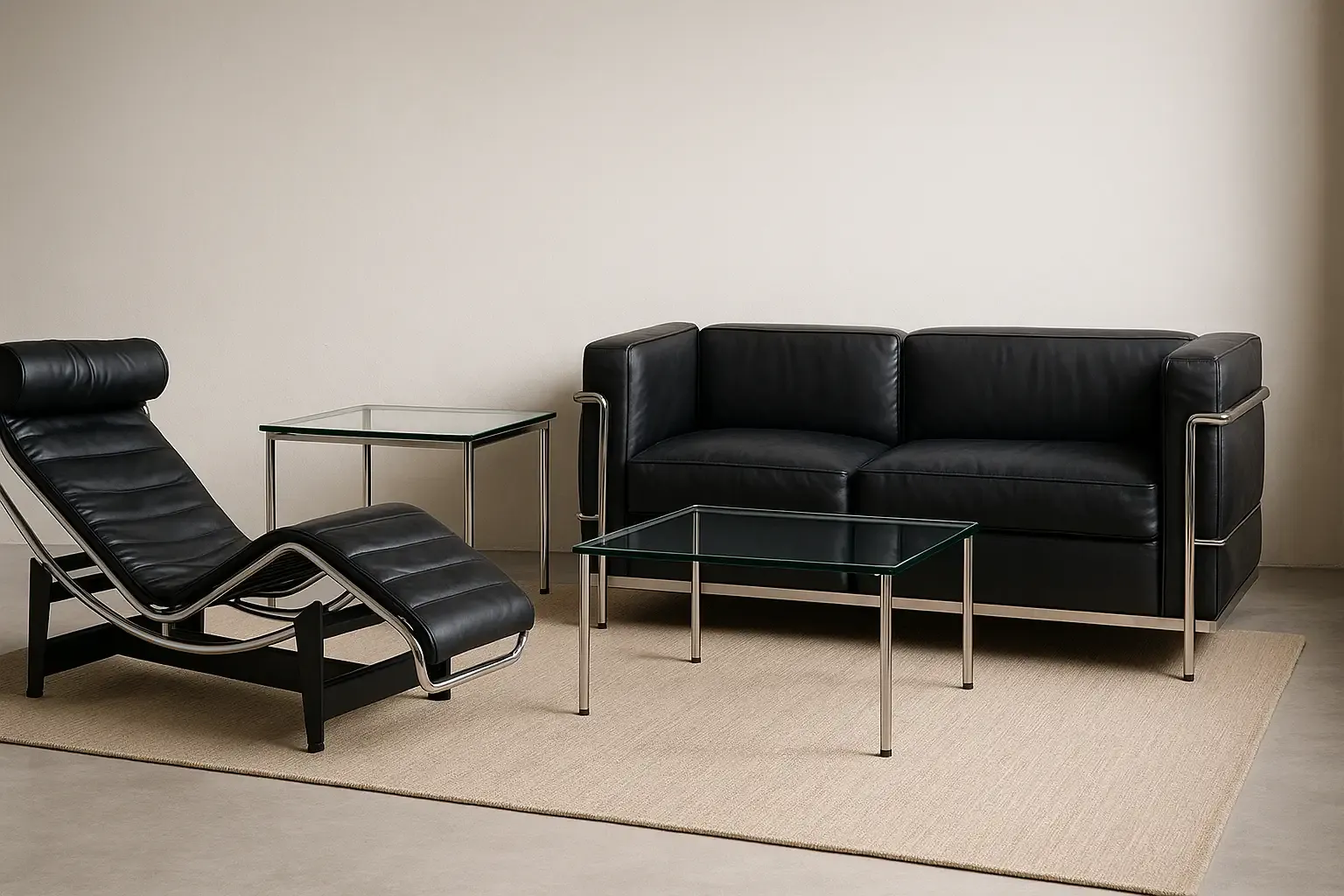 Verstellbare Liege mit schwarzem Lederbezug auf gebogenem Rohrgestell, daneben ein schwarzes Ledersofa mit außenliegendem Rohrrahmen und zwei Beistelltische mit Glasplatte auf einem beigen Teppich
