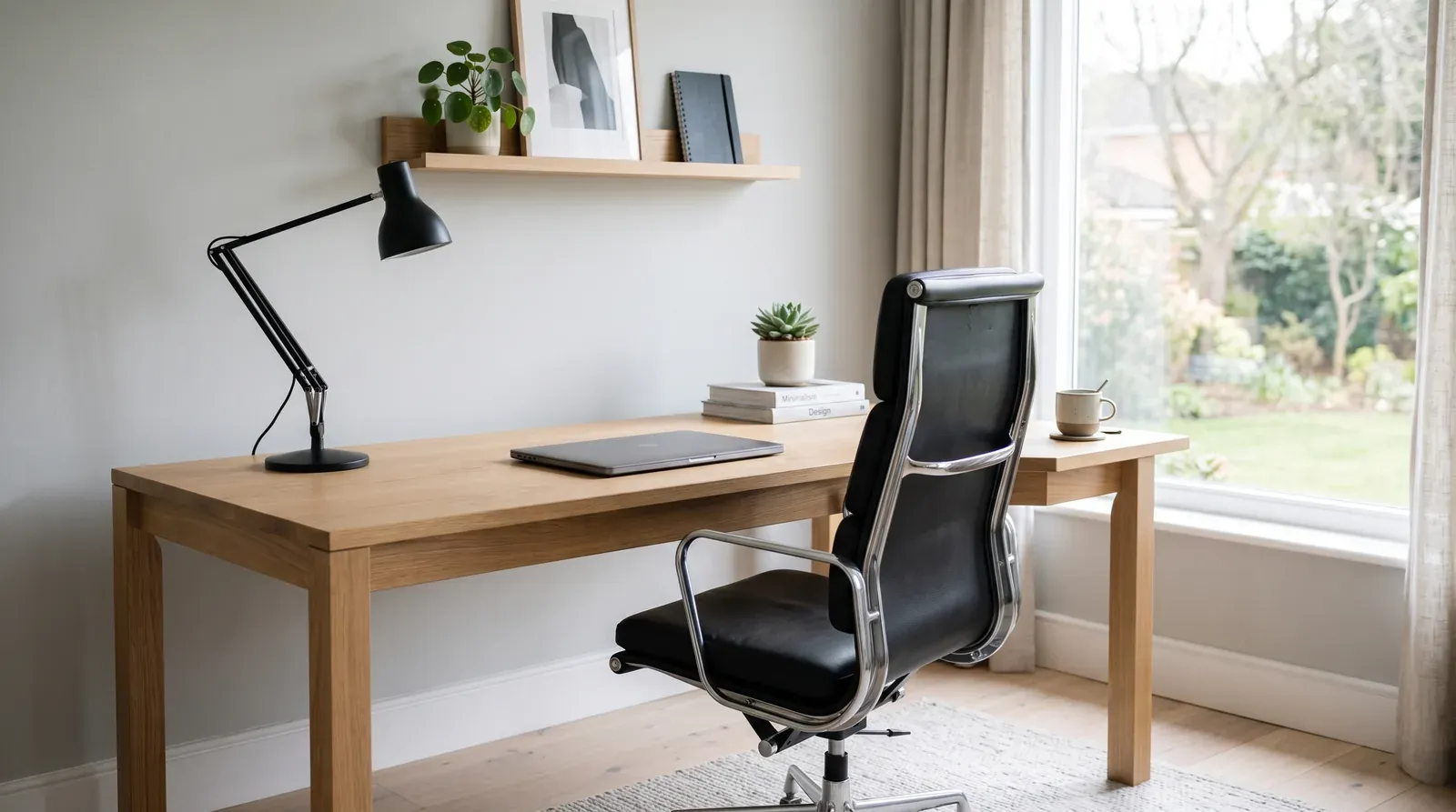 Bureau à domicile avec fauteuil de travail en cuir noir et aluminium