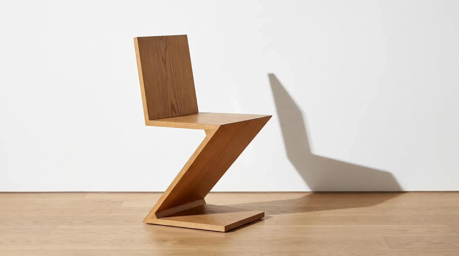 Chaise Zig-Zag de Gerrit Rietveld en bois massif, forme en Z sans pieds, vue de trois quarts sur un parquet clair devant un mur blanc