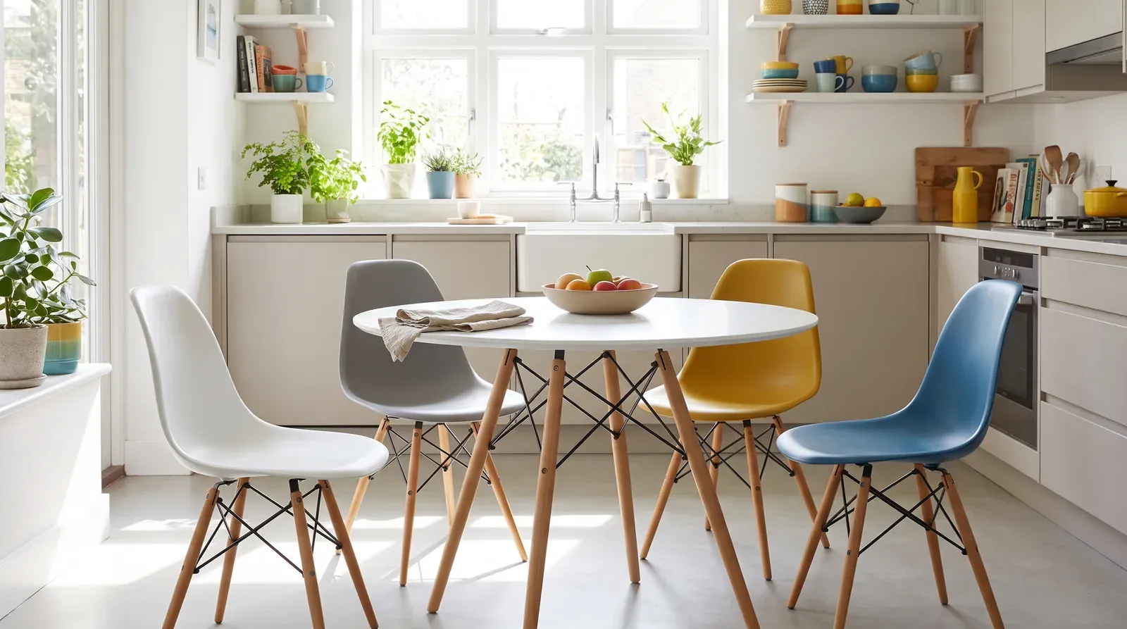 Quatre chaises Eames DSW à coque blanche, grise, jaune moutarde et bleue autour d'une table ronde blanche dans une cuisine lumineuse