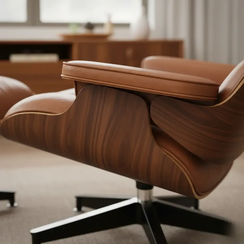 Gros plan sur l'accoudoir d'un fauteuil lounge : coque en contreplaqué à placage foncé, coussin de cuir fauve et piètement étoile noir
