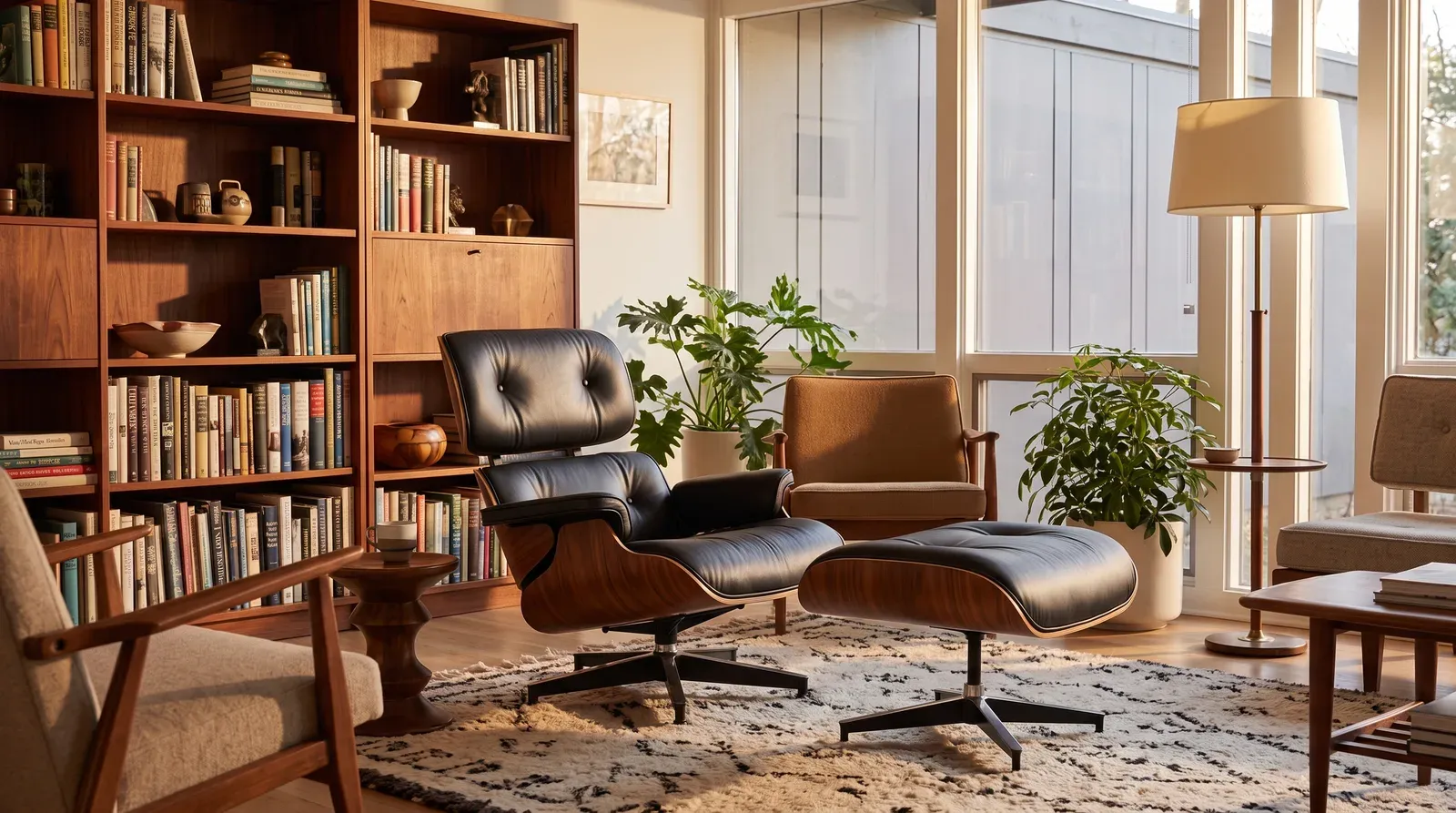 Eames Lounge Chair et son ottoman en contreplaqué de palissandre moulé et cuir noir dans un salon mid-century avec bibliothèque en bois et lampe sur pied