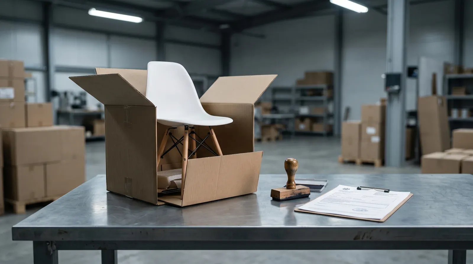 Chaise à coque blanche déballée d’un carton à côté d’un document de contrôle