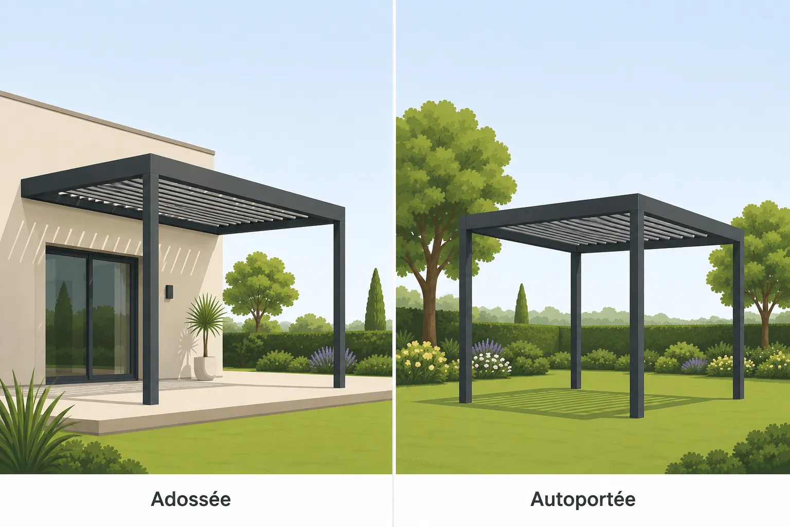 Illustration en deux panneaux étiquetés : une pergola bioclimatique adossée à une façade sur deux poteaux, et une autoportée sur quatre poteaux dans un jardin