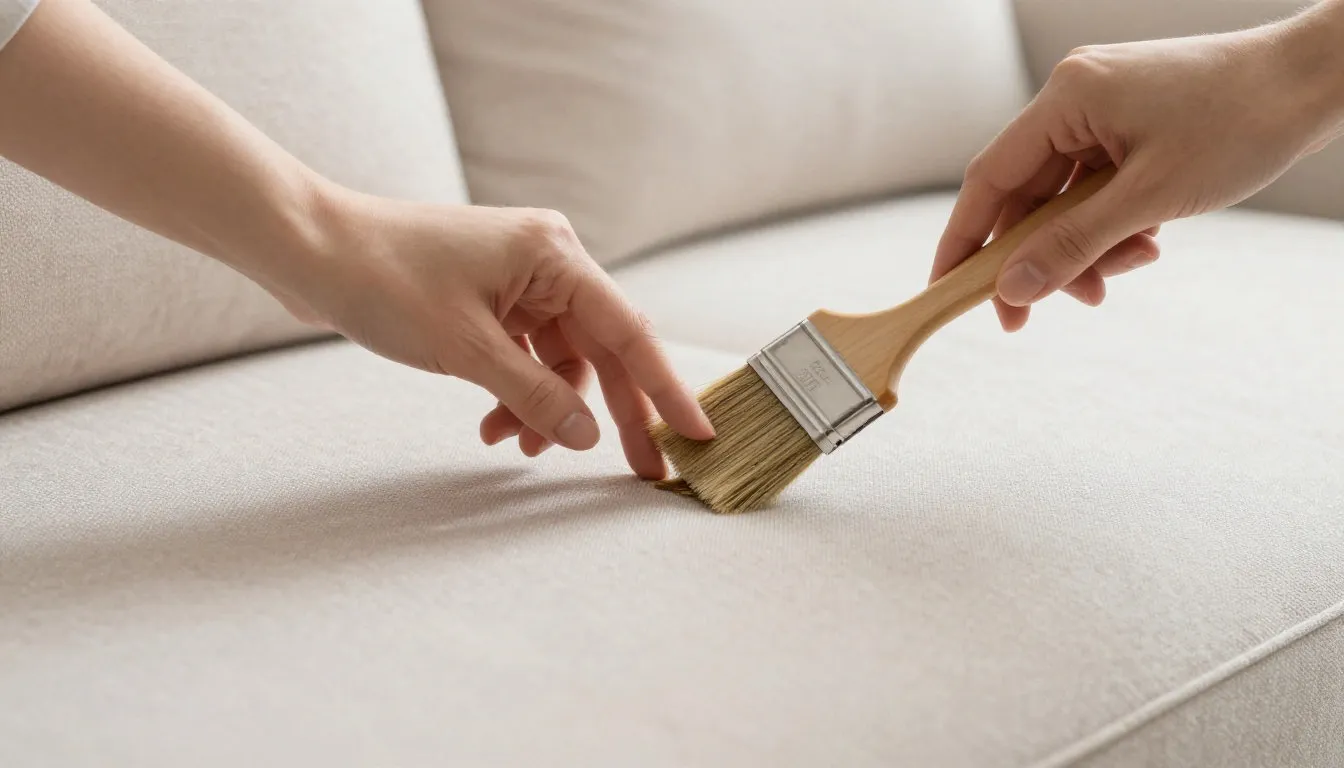 Zwei Hände über einer hellen Sofasitzfläche: die rechte führt einen Flachpinsel mit Holzgriff, die linke spannt den Stoff daneben