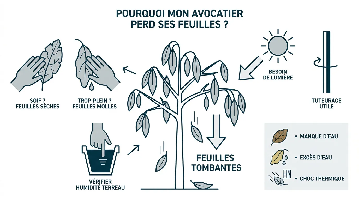 Zeichnung eines Avocadobaums, der Blätter verliert, umgeben von vier beschrifteten Bildzeichen: ein trockenes Blatt zwischen zwei Händen, ein weiches tropfendes Blatt, ein Finger im feuchten Substrat und eine Sonne mit Pfeil; rechts ein Stützstab und eine Legende mit drei Blattsymbolen