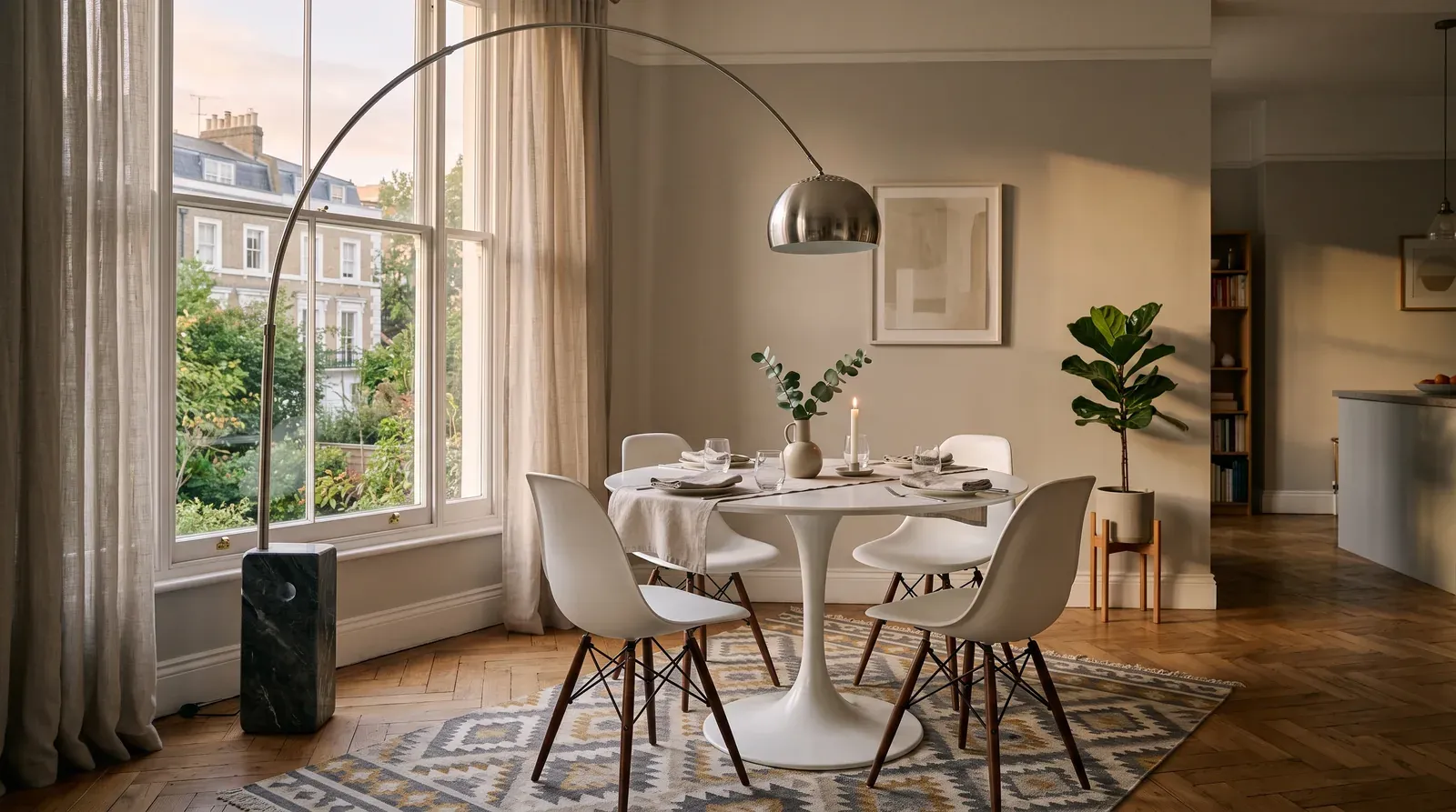 Salle à manger avec table ronde à pied central et lampadaire à arc en acier
