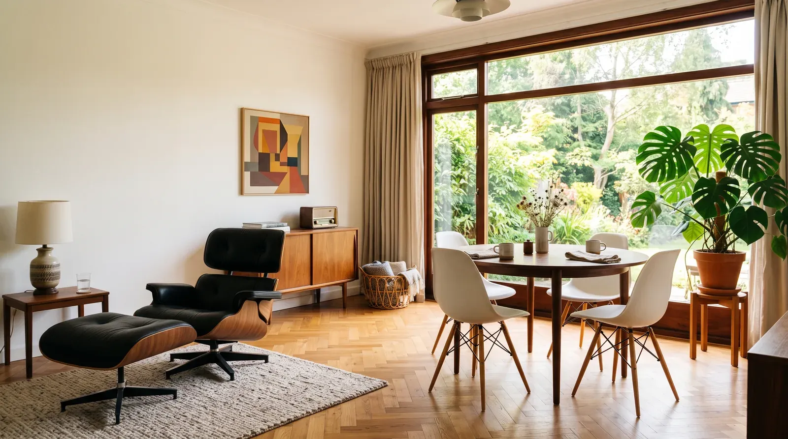 Salon mid-century avec fauteuil en cuir noir, enfilade en teck et chaises à coque blanche