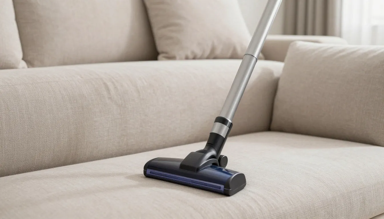 Dunkle Polsterdüse eines Staubsaugers auf der Sitzfläche eines beigefarbenen Stoffsofas