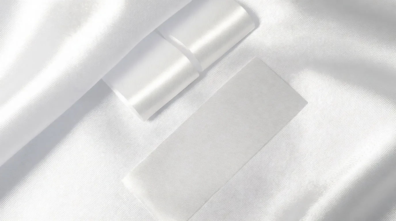 Unbedrucktes weißes Textiletikett, aufgenäht auf glänzendem weißem Satinstoff