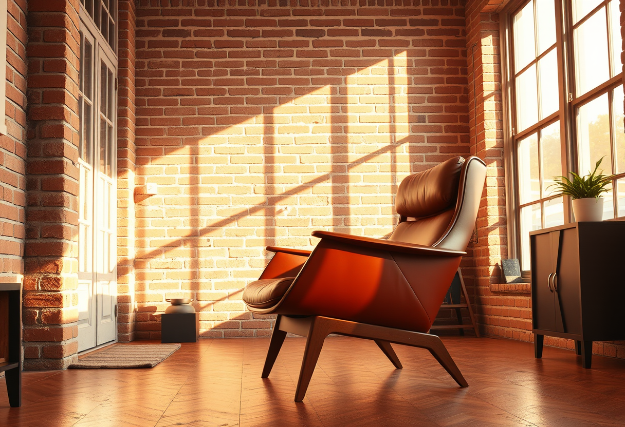 Illustration d'un fauteuil design en cuir cognac devant un mur de briques, près d'une grande fenêtre d'atelier