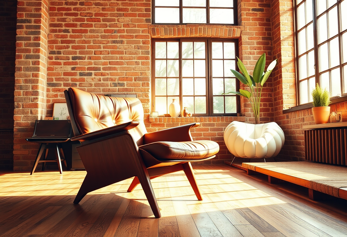 Illustration d'un fauteuil vintage en cuir capitonné dans un loft en briques, plante verte et lumière chaude